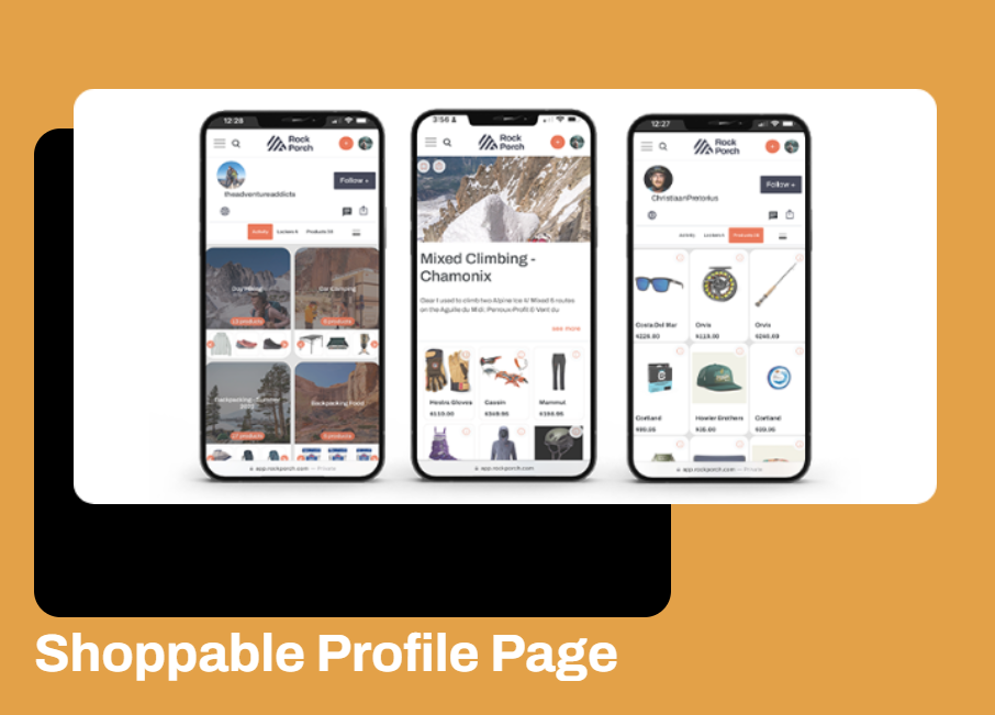 Phone screenshots of profile page with shoppable items